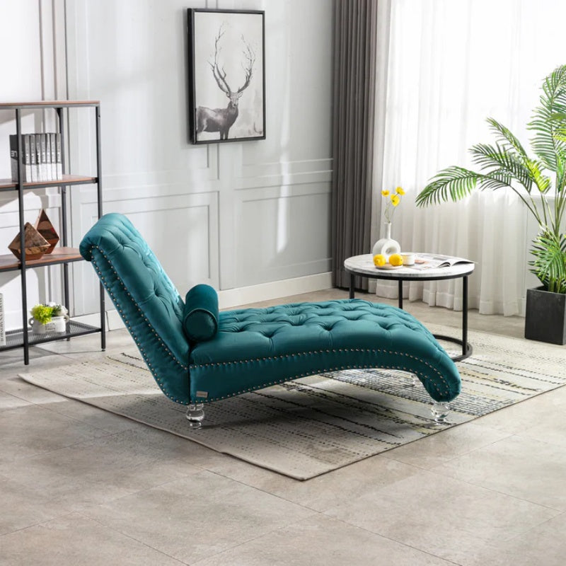 Velvet Chaise Lounge Indoor, Button-Tufted Upholstered Chaise Lounge Chair with Pillow, Teal Velvet, 63.38 inch-海智集-Default-