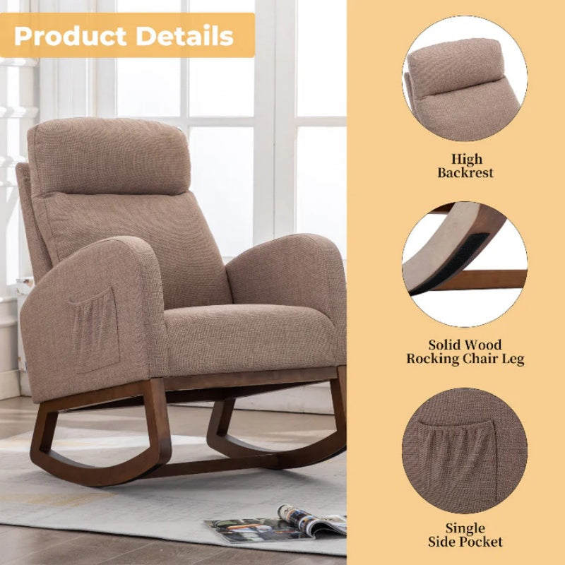 Rocking Chair, Modern Glider Chair, Recliner Armchair with Wood Legs and Side Pocket, Nursery Rocking Accent Chair with High Back for Living Room Bedroom (Camel linen)-海智集-Default-