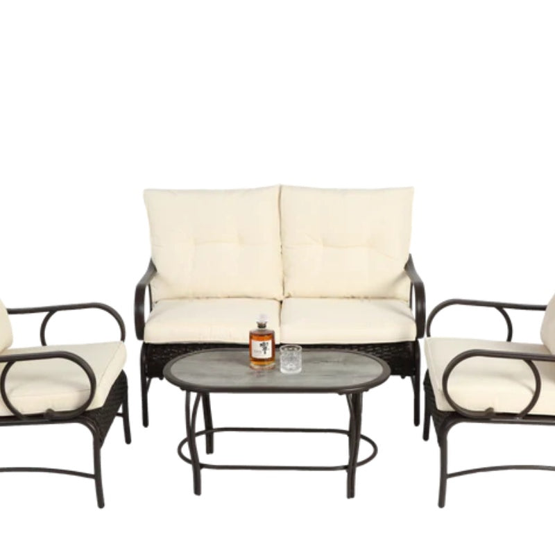 4 Piece Outdoor Patio Furniture Sets, Wicker Conversation Set for Porch Deck, Brown Rattan Sofa Chair with Cushion-海智集-Default-