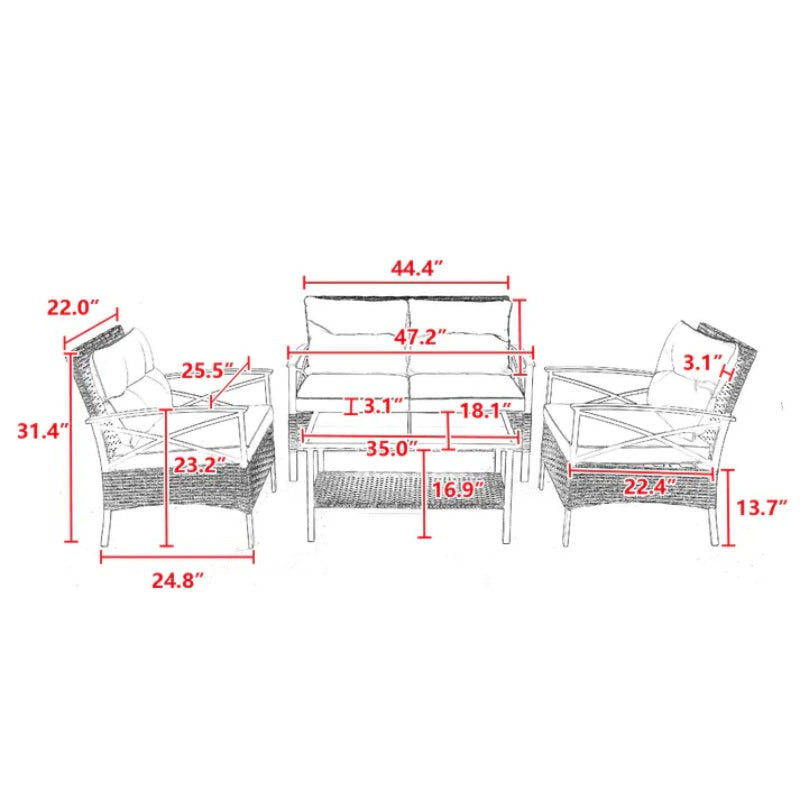 Patio 4 piece sectional low dining conversation sofa set- KD rattan wicker outdoor garden furniture corner sofa set with cushion.-海智集-Default-