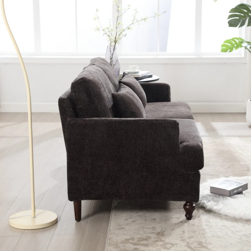 Mid Century Modern Chenille Fabric Loveseat Sofa with Brown Wood Feet, 2-Seat Upholstered Couch for Living Room or Bedroom, Black-海智集-Default-