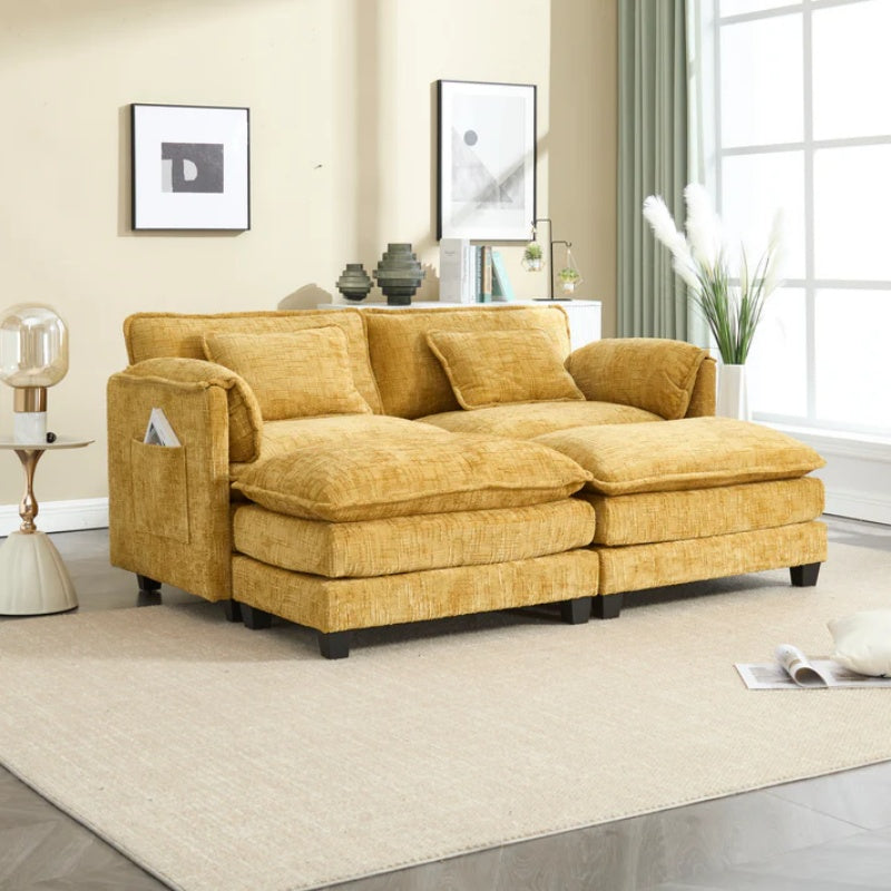 UNITED WE WIN Chenille fabric, solid construction, the overall structure of the sofa is stable, detachable armrests, two foot stools and two-seat sofa with side pockets-海智集-Default-