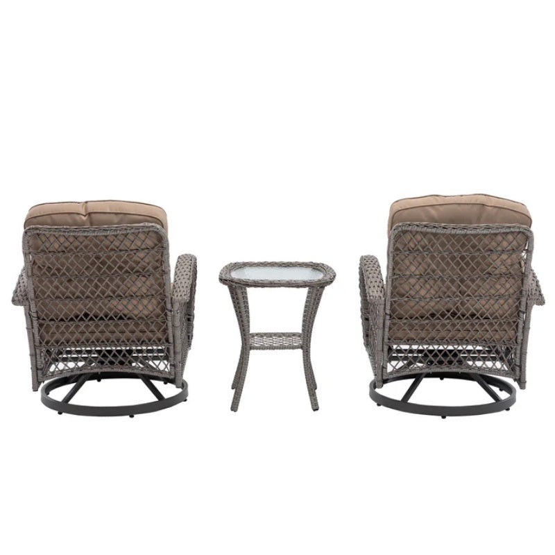 3 Pieces Outdoor Swivel Rocker Patio Chairs, 360 Degree Rocking Patio Conversation Set with Thickened Cushions and Glass Coffee Table for Backyard, Khaki-海智集-Default-