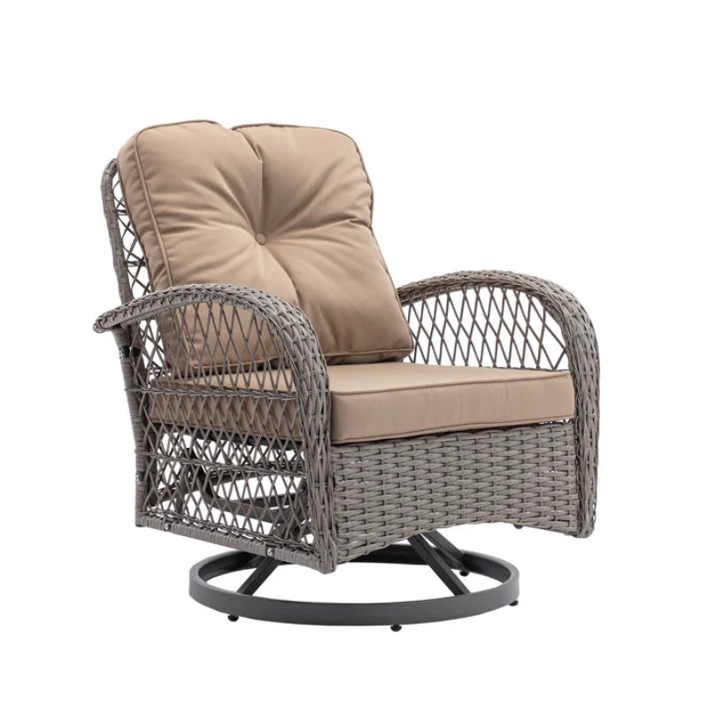 3 Pieces Outdoor Swivel Rocker Patio Chairs, 360 Degree Rocking Patio Conversation Set with Thickened Cushions and Glass Coffee Table for Backyard, Khaki-海智集-Default-