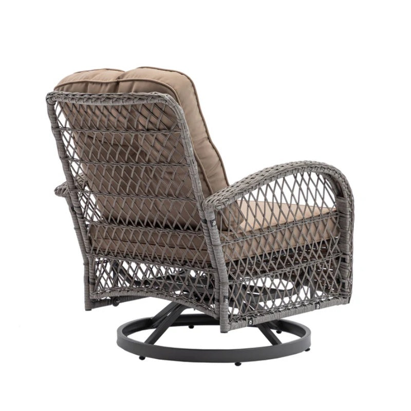 3 Pieces Outdoor Swivel Rocker Patio Chairs, 360 Degree Rocking Patio Conversation Set with Thickened Cushions and Glass Coffee Table for Backyard, Khaki-海智集-Default-