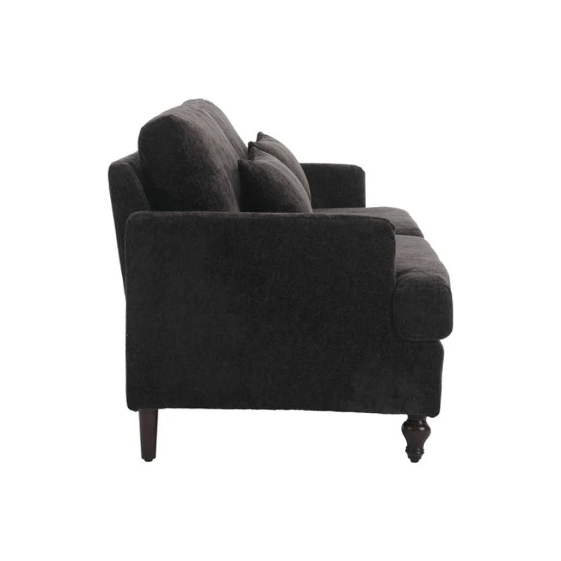 Mid Century Modern Chenille Fabric Loveseat Sofa with Brown Wood Feet, 2-Seat Upholstered Couch for Living Room or Bedroom, Black-海智集-Default-