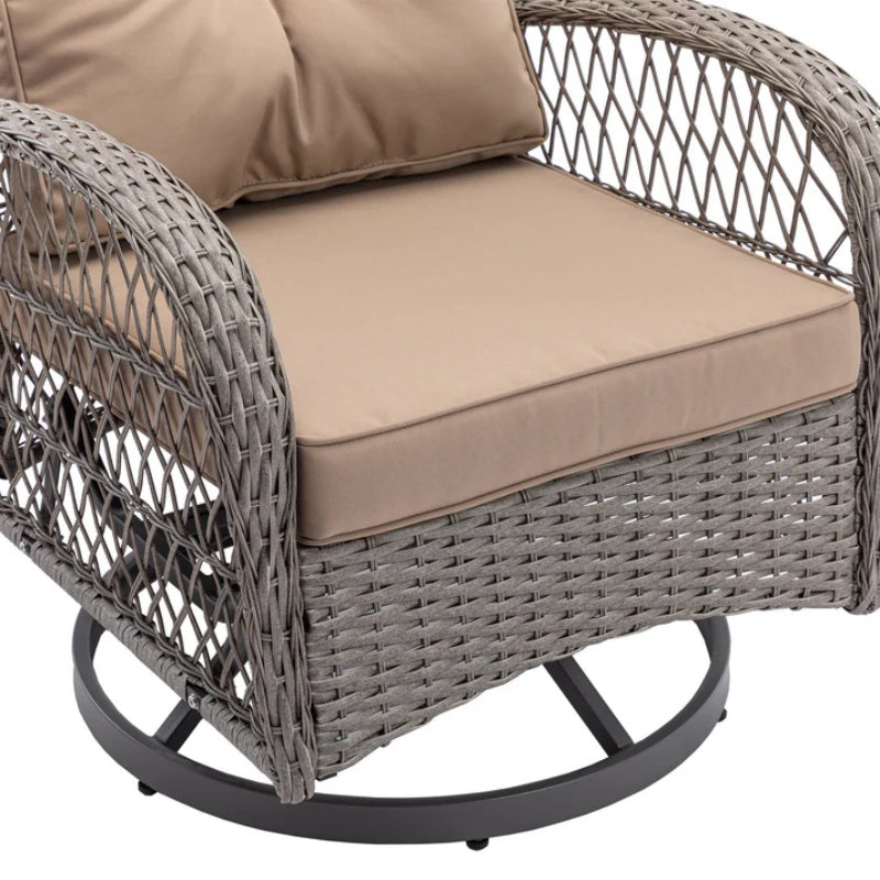3 Pieces Outdoor Swivel Rocker Patio Chairs, 360 Degree Rocking Patio Conversation Set with Thickened Cushions and Glass Coffee Table for Backyard, Khaki-海智集-Default-