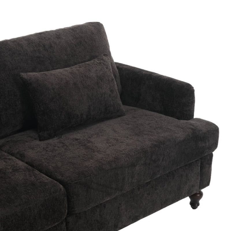 Mid Century Modern Chenille Fabric Loveseat Sofa with Brown Wood Feet, 2-Seat Upholstered Couch for Living Room or Bedroom, Black-海智集-Default-