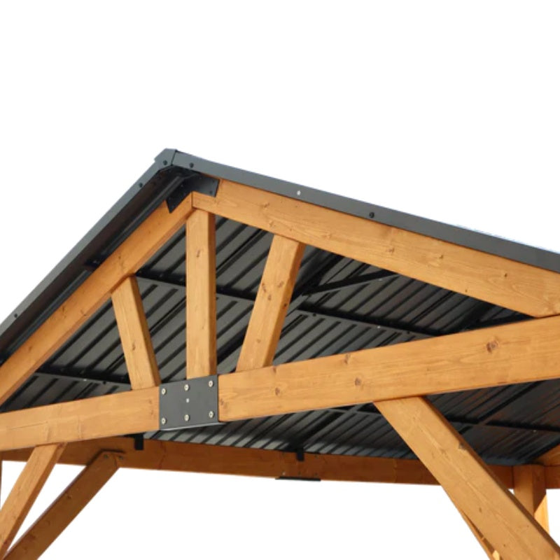 Fir Wood Carport Pavilion Gazebo, Shade, Rain, Hard Top Steel Metal Roof, All Weather Protected, with Galvanized Steel Roof, Wooden Frame-海智集-Default-
