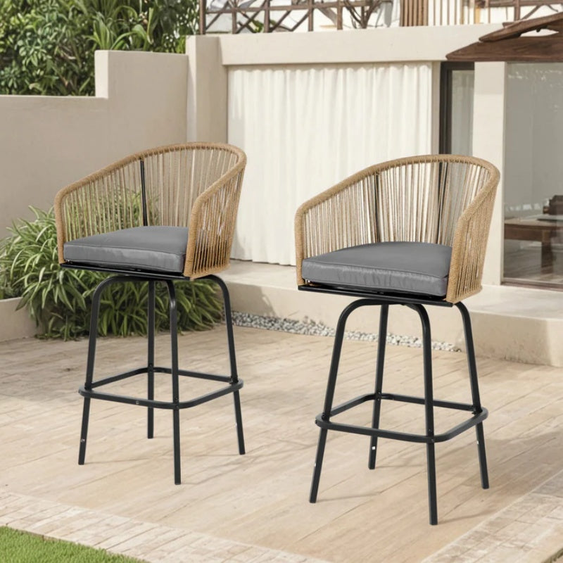 Outdoor Bar Stools Set of 2, 2-Piece Patio Bar Stools with Armrests, All Weather Rattan Bar Chairs with Backrest, Wicker Bar Stools for Backyard, Garden, Pool, Balcony and Deck- Gery-海智集-Default-