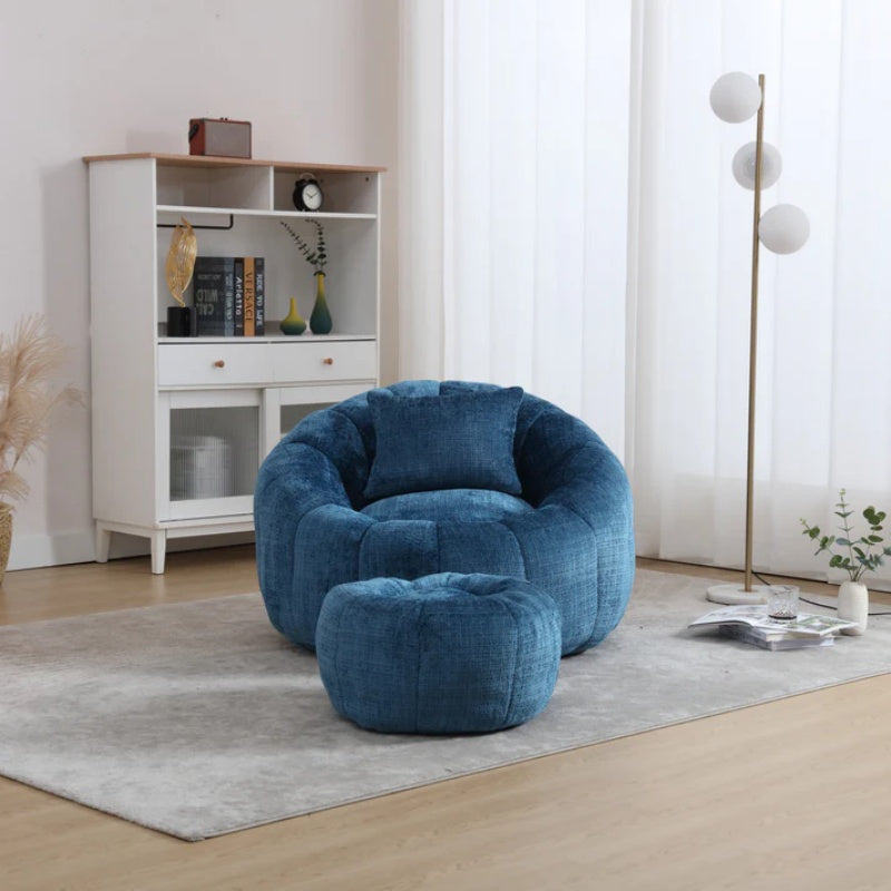 COOLMORE Modern Extra Large Round Bean Bag Chair with Footrest for Living Room, Chenille Fabric Lazy Sofa with Pillow for Adults, Teenagers,Child, Suitable for Bedroom, Dormitory, Study Room-海智集-Default-