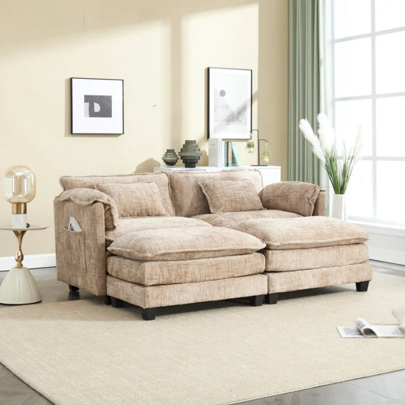 UNITED WE WIN Chenille fabric, solid construction, the overall structure of the sofa is stable, detachable armrests, two foot stools and two-seat sofa with side pockets-海智集-Default-