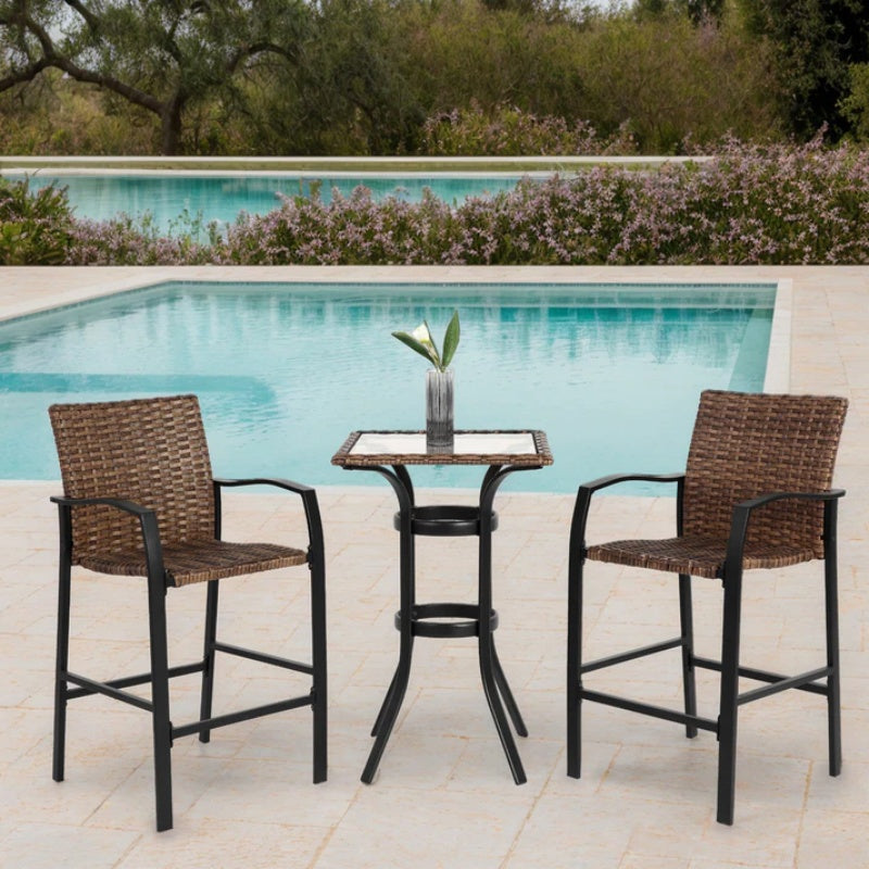 3 Pieces Outdoor Bar Stools Set,Rattan Bar Chairs,with glass table top, Wicker Bar Stools for Backyard, Garden, Pool, Balcony and Deck, Brown-海智集-Default-