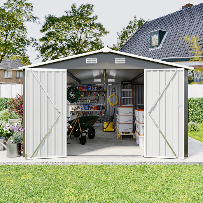 Campcraft Outdoor Storage Shed 10×14 FT with 3 Lockable Doors,Utility Tool Shed Metal Storage Garden Sheds Frame and 4 Vents,for Backyard,Patio,Lawn,dark Grey-海智集-Default-