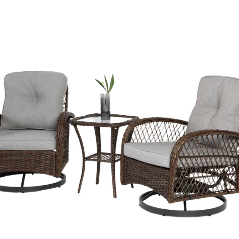 3 Pieces Outdoor Swivel Rocker Patio Chairs, 360 Degree Rocking Patio Conversation Set with Thickened Cushions and Glass Coffee Table for Backyard, Grey-海智集-Default-
