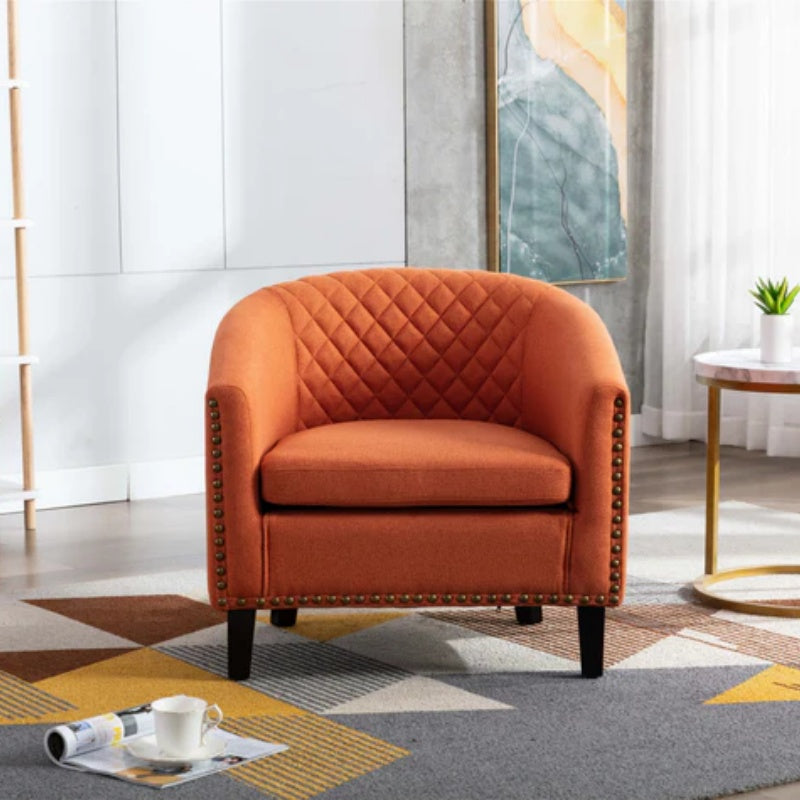 COOLMORE Barrel Chairs with Soft Padded Armrest, Club Chairs with nailheads and solid wood legs for Living Room Bedroom Waiting Room (Orange Linen)-海智集-Default-