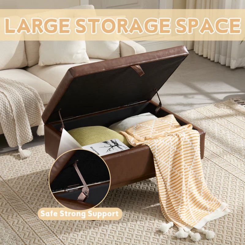 Mid-century modern square coffee table storage bench, assembled, suitable for living room, entryway and family room, used as a coffee table, stirrups, shoe bench-海智集-Default-