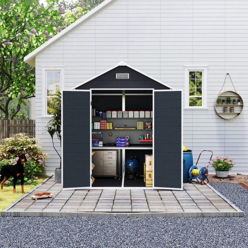 Campcraft 6*6ft resin storage shed, high quality pp material, strong structure, waterproof, rust and UV proof, large storage space, 12mm thick pp board, HD window lighting Dark gray-海智集-Default-