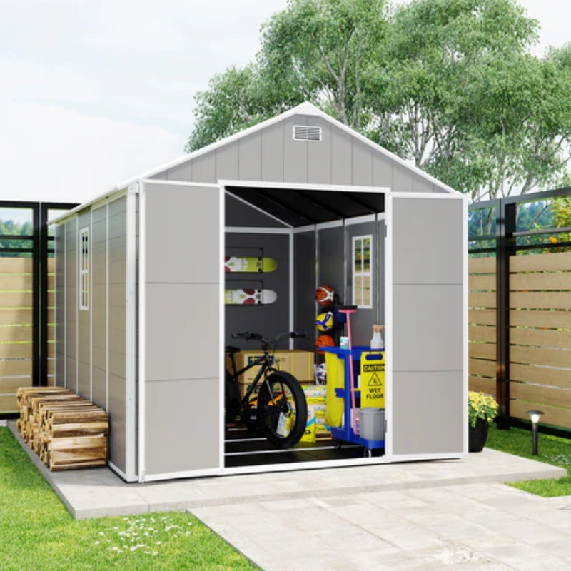 Campcraft 8*10ft resin storage shed, high quality pp material, strong structure, waterproof, rust and UV proof, large storage space, 12mm thick pp board, HD window lighting-海智集-Default-