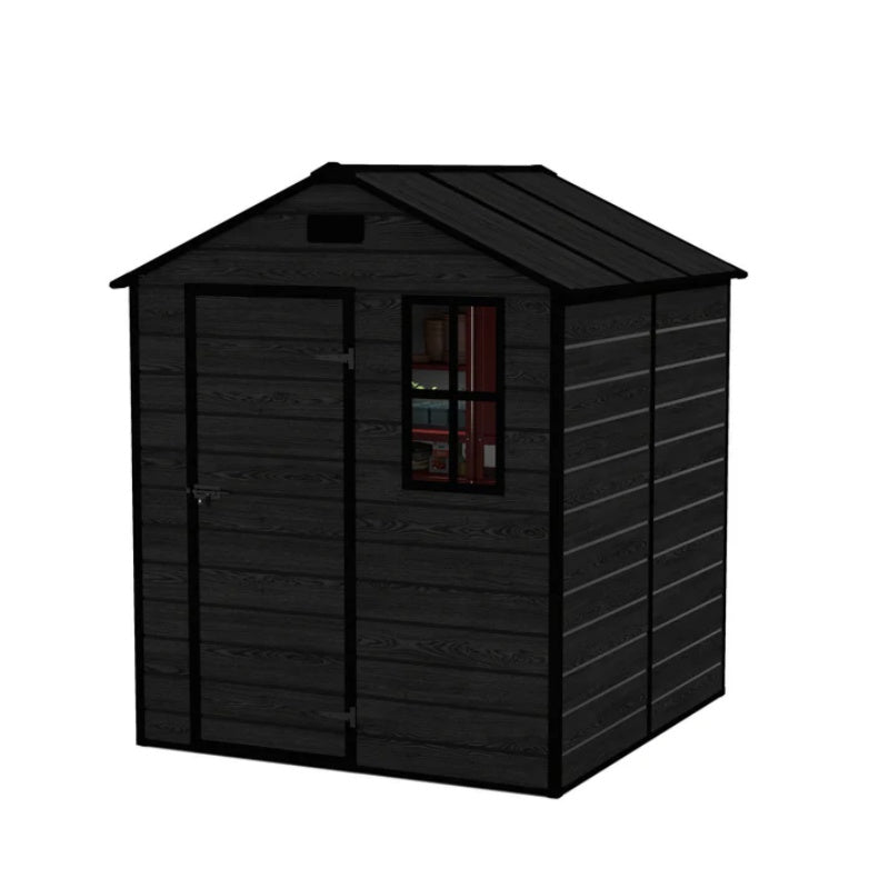 Campcraft 6*6ft resin storage shed, high quality pp material, strong structure, waterproof, rust and UV proof, large storage space, 12mm thick pp board, HD window lighting Black wood grain color-海智集-Default-