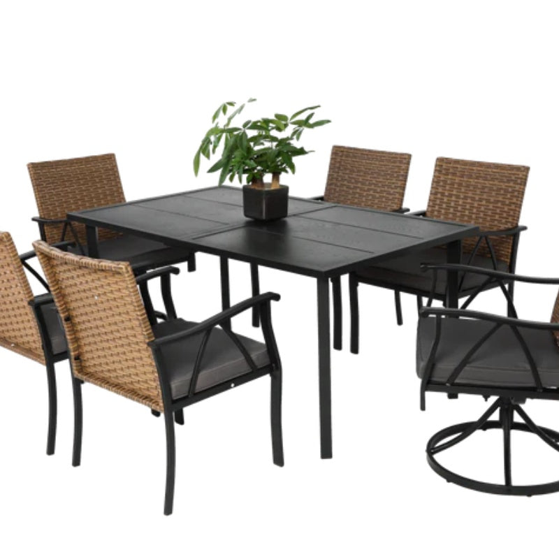 7 Piece Patio Dining Set ,Outdoor Wicker Furniture Set for Backyard Garden Deck Poolside with 2 Cushions Swivel Rocker Chairs,4 Cushions chairs,Table Top, Removable Cushions-海智集-Default-