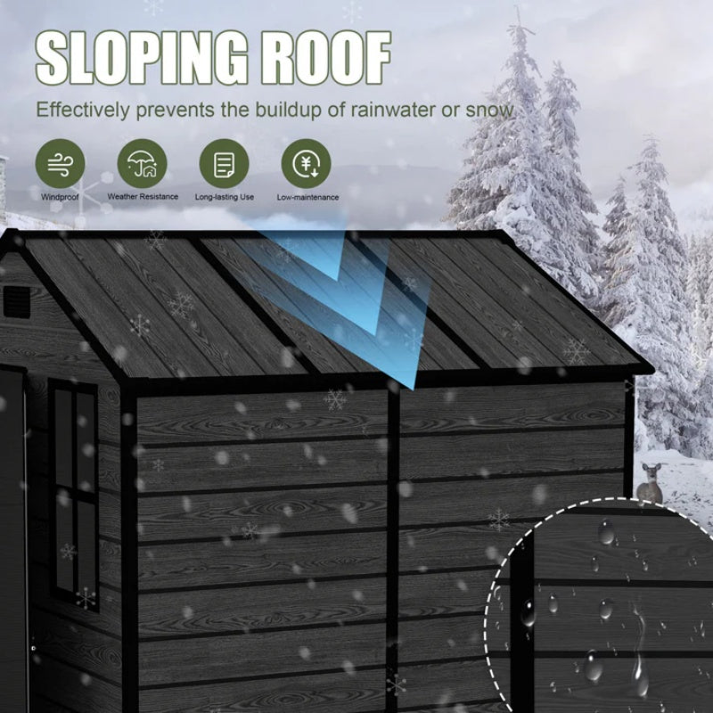 Campcraft 6*6ft resin storage shed, high quality pp material, strong structure, waterproof, rust and UV proof, large storage space, 12mm thick pp board, HD window lighting Black wood grain color-海智集-Default-
