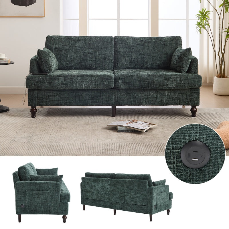 Modern Chenille 2-Seater Sofa with LED Light, USB Charging Port, and Storage Bag in Emerald-海智集-Default-