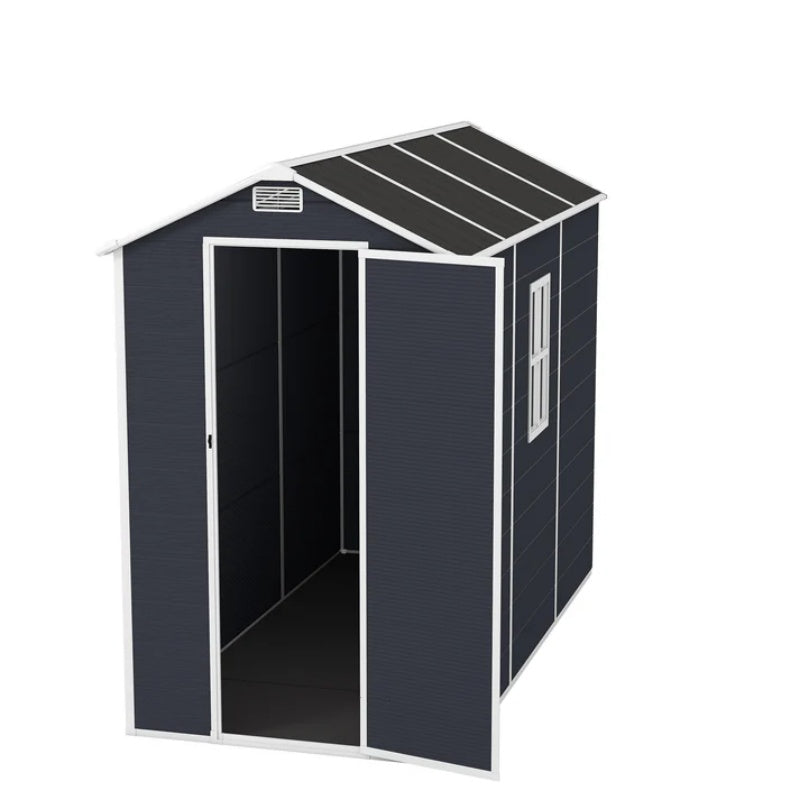 Campcraft 4*8ft resin storage shed, high quality pp material, strong structure, waterproof, rust and UV proof, large storage space, 12mm thick pp board, HD window lighting Dark gray-海智集-Default-
