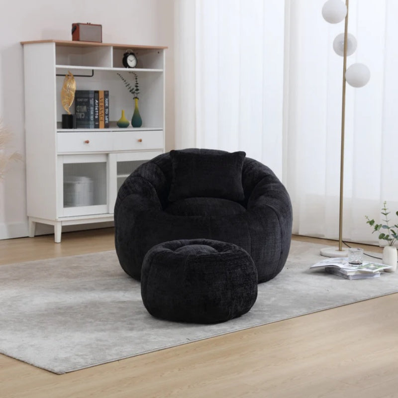COOLMORE Modern Extra Large Round Bean Bag Chair with Footrest for Living Room, Chenille Fabric Lazy Sofa with Pillow for Adults, Teenagers,Child, Suitable for Bedroom, Dormitory, Study Room-海智集-Default-