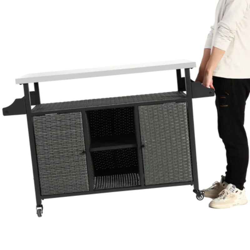 Large bar cart,Outdoor Kitchen Wicker Island Rolling Cart & Storage Cabinet, Wheels and Stainless Steel Extended Table Top, Side Handle for Patio Kitchen or Bar Cart, Grey-海智集-Default-