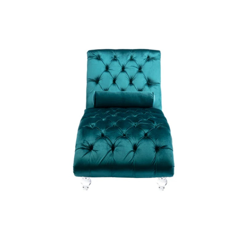 Velvet Chaise Lounge Indoor, Button-Tufted Upholstered Chaise Lounge Chair with Pillow, Teal Velvet, 63.38 inch-海智集-Default-
