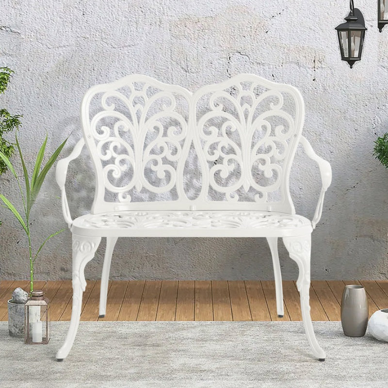 Patio Garden Bench Metal Park Bench Cast Aluminum Outdoor Furniture with Floral Rose for Patio,Park,Lawn,Yard white-海智集-Default-