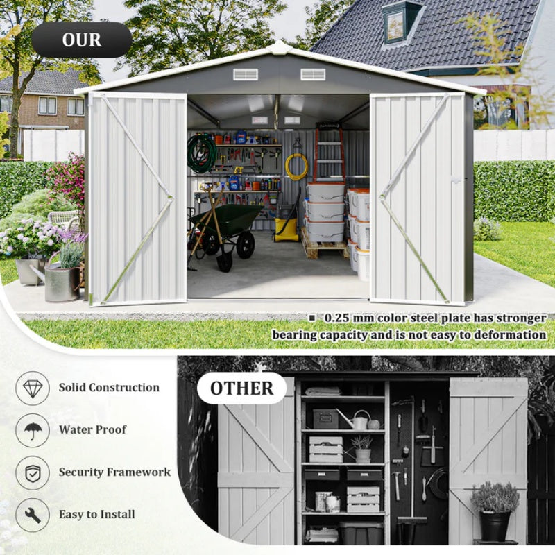 Campcraft Outdoor Storage Shed 10×14 FT with 3 Lockable Doors,Utility Tool Shed Metal Storage Garden Sheds Frame and 4 Vents,for Backyard,Patio,Lawn,dark Grey-海智集-Default-
