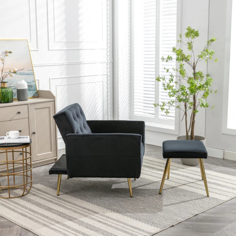 COOLMORE Velvet Accent Chair with Adjustable Armrests and Backrest, Button Tufted Lounge Chair, Single Recliner Armchair with Ottoman-海智集-Default-