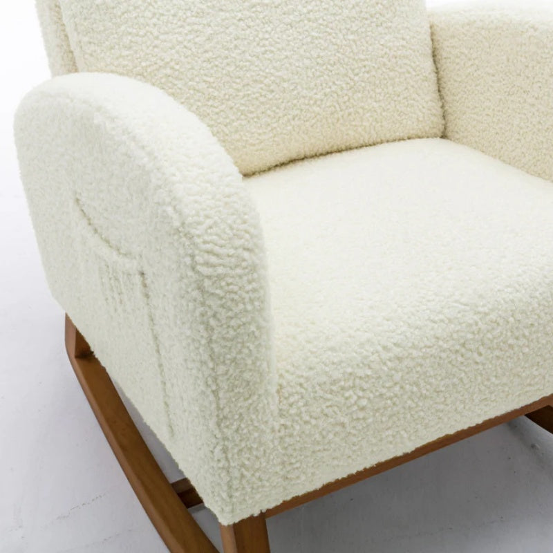 COOLMORE Rocking Chair, Modern Glider Chair, Recliner Armchair with Wood Legs and Side Pocket, Nursery Rocking Accent Chair with High Back for Living Room Bedroom (White Teddy)-海智集-Default-