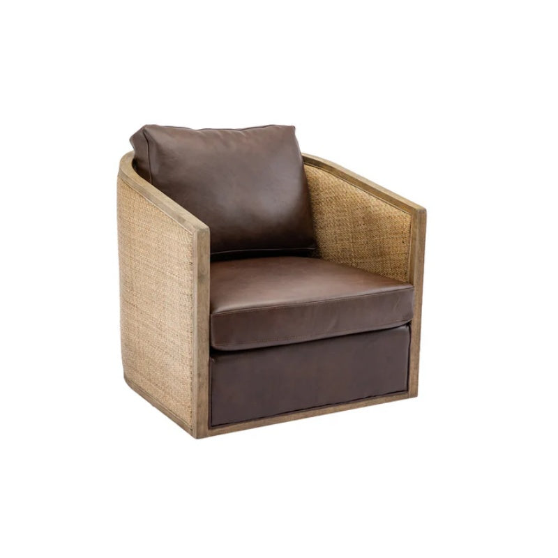 Swivel Barrel Chair, Comfy Round Accent Sofa Chair for Living Room, 360 Degree Swivel, Brown Boucle, Leather Upholstery-海智集-Default-