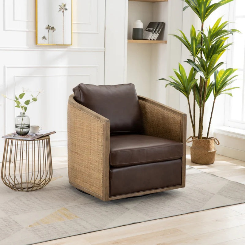 Swivel Barrel Chair, Comfy Round Accent Sofa Chair for Living Room, 360 Degree Swivel, Brown Boucle, Leather Upholstery-海智集-Default-