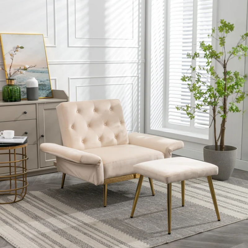 COOLMORE Velvet Accent Chair with Adjustable Armrests and Backrest, Button Tufted Lounge Chair, Single Recliner Armchair with Ottoman-海智集-Default-