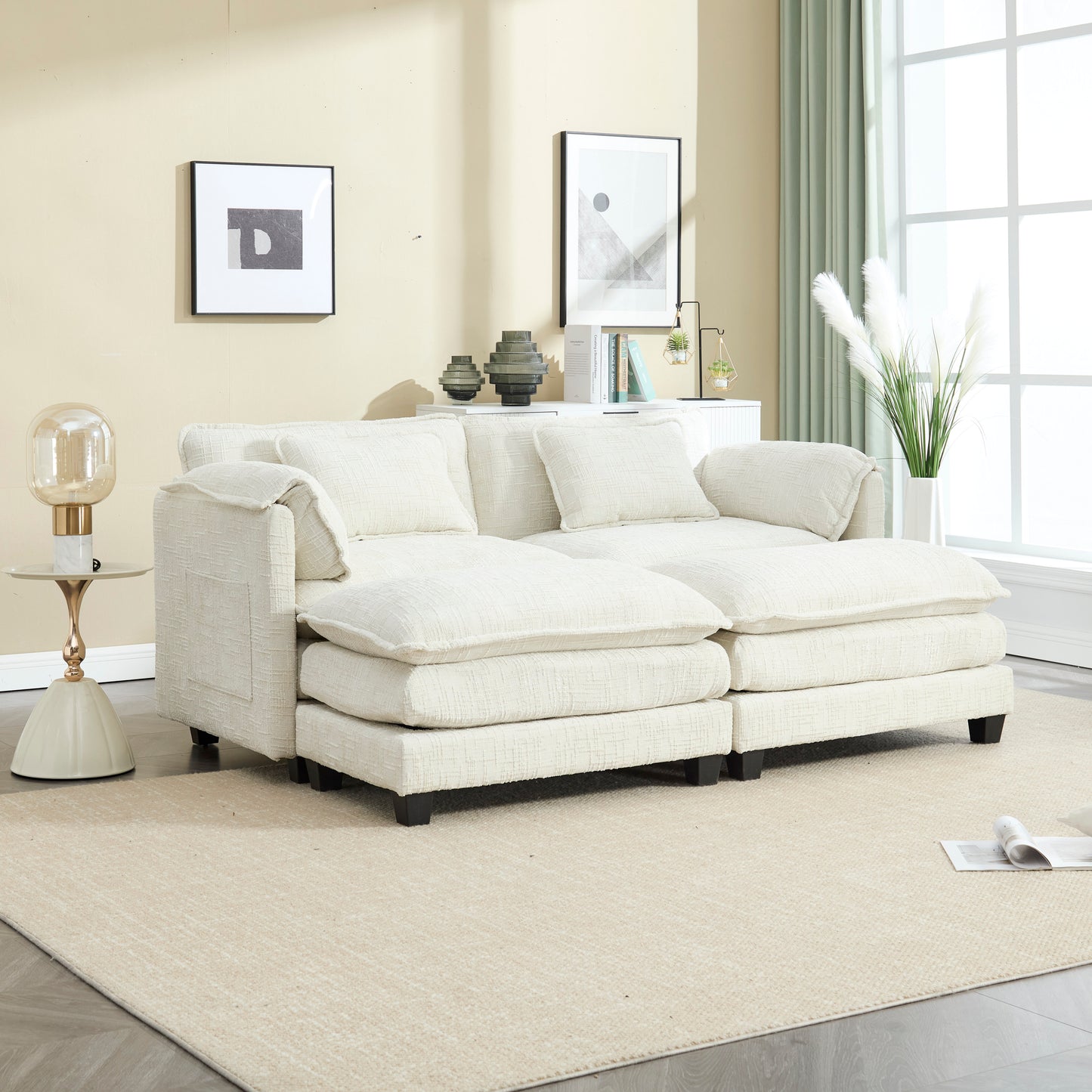 UNITED WE WIN Chenille fabric, solid construction, the overall structure of the sofa is stable, detachable armrests, two foot stools and two-seat sofa with side pockets-海智集-Default-
