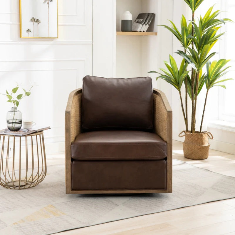 Swivel Barrel Chair, Comfy Round Accent Sofa Chair for Living Room, 360 Degree Swivel, Brown Boucle, Leather Upholstery-海智集-Default-