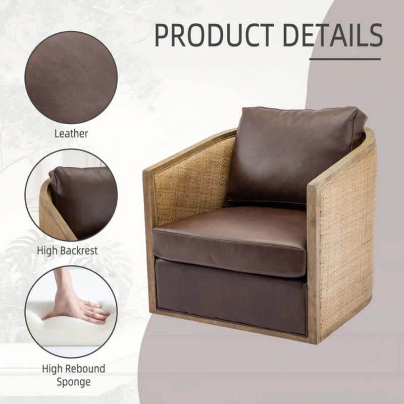 Swivel Barrel Chair, Comfy Round Accent Sofa Chair for Living Room, 360 Degree Swivel, Brown Boucle, Leather Upholstery-海智集-Default-