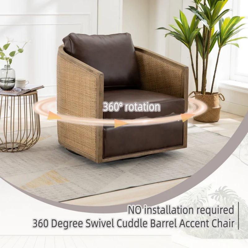 Swivel Barrel Chair, Comfy Round Accent Sofa Chair for Living Room, 360 Degree Swivel, Brown Boucle, Leather Upholstery-海智集-Default-