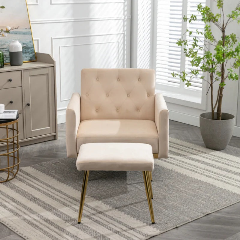 COOLMORE Velvet Accent Chair with Adjustable Armrests and Backrest, Button Tufted Lounge Chair, Single Recliner Armchair with Ottoman-海智集-Default-