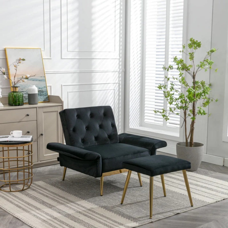 COOLMORE Velvet Accent Chair with Adjustable Armrests and Backrest, Button Tufted Lounge Chair, Single Recliner Armchair with Ottoman-海智集-Default-