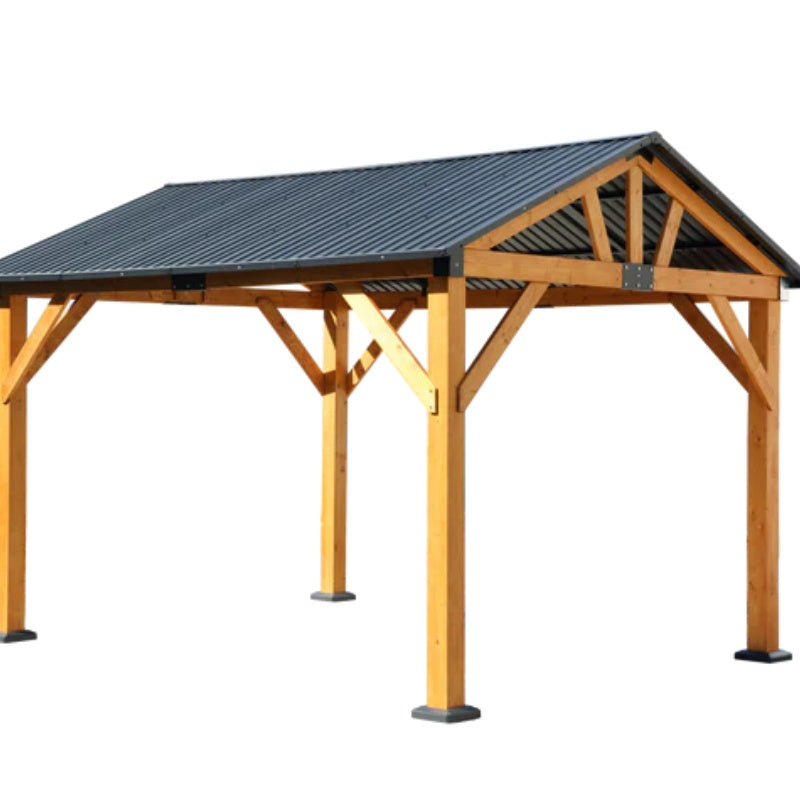 Fir Wood Carport Pavilion Gazebo, Shade, Rain, Hard Top Steel Metal Roof, All Weather Protected, with Galvanized Steel Roof, Wooden Frame-海智集-Default-