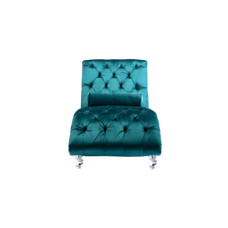 Velvet Chaise Lounge Indoor, Button-Tufted Upholstered Chaise Lounge Chair with Pillow, Teal Velvet, 63.38 inch-海智集-Default-