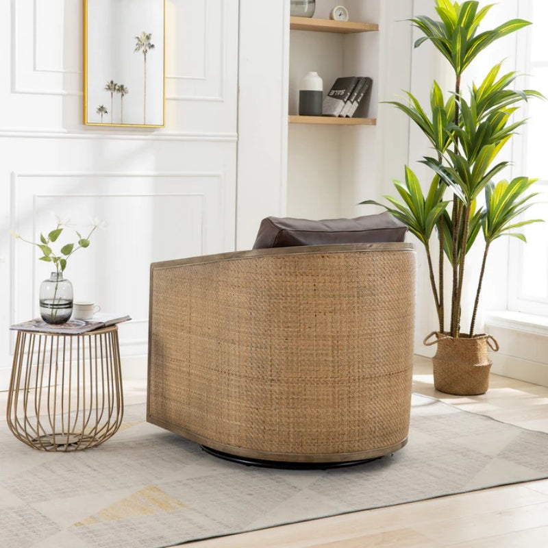 Swivel Barrel Chair, Comfy Round Accent Sofa Chair for Living Room, 360 Degree Swivel, Brown Boucle, Leather Upholstery-海智集-Default-