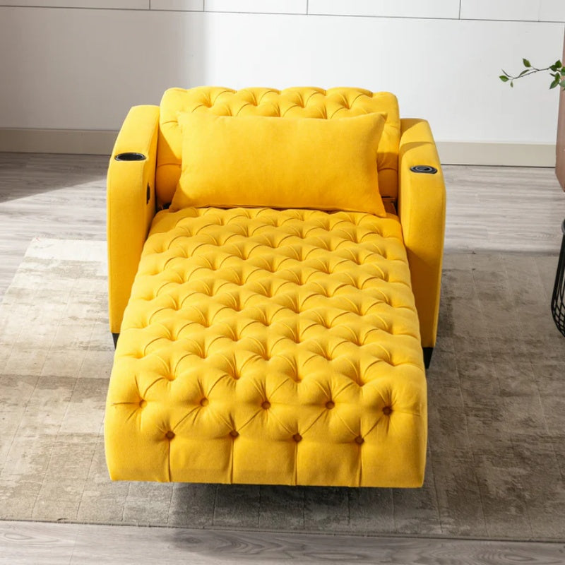 COOLMORE Multifunctional Living Room Leisure Chaise Lounge Barry Tufted Comfy Armchair Wireless Charging, Smooth Reclining Backrest & Lumbar Pillow for Home Apartment (Yellow linen)-海智集-Default-