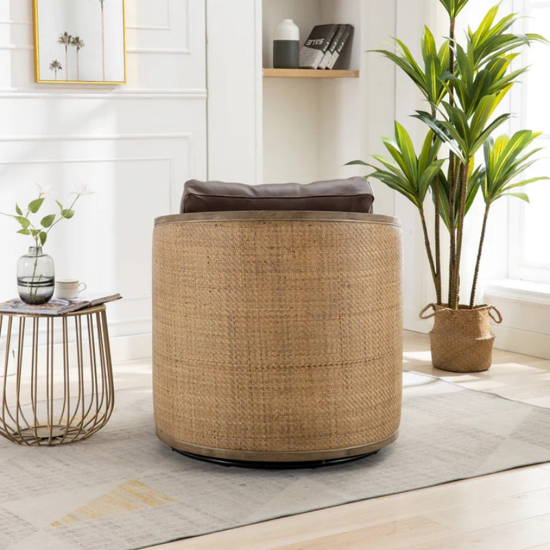 Swivel Barrel Chair, Comfy Round Accent Sofa Chair for Living Room, 360 Degree Swivel, Brown Boucle, Leather Upholstery-海智集-Default-