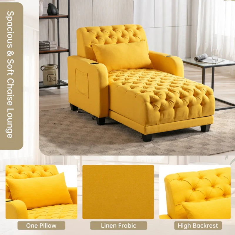 COOLMORE Multifunctional Living Room Leisure Chaise Lounge Barry Tufted Comfy Armchair Wireless Charging, Smooth Reclining Backrest & Lumbar Pillow for Home Apartment (Yellow linen)-海智集-Default-